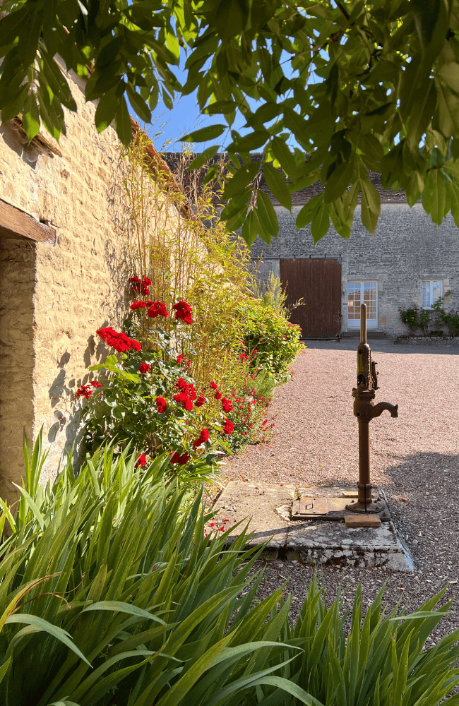 photo d'une cour de corps de ferme fleurie